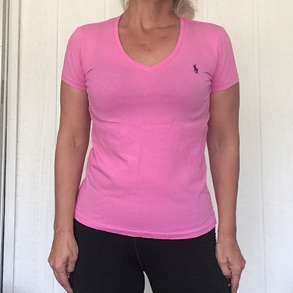 POLO RALPH LAUREN PINK VEE NECK POLO PONY T SHIRT MEDIUM - Picture 6 of 11